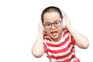 The boy wore headphones with an excited expression on his face. isolated on transparent background.