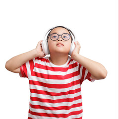 boy wearing headphones and looked up above. isolated on  transparent background.