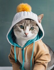 Stylish cat wearing fashion hoodie and beanie 