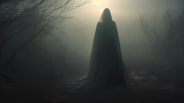 A fogfilled landscape where a cloaked figure peers from the shadows its eye sockets glowing an ethereal grey.