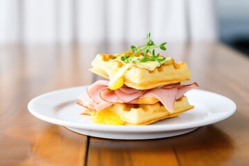 belgian waffle breakfast sandwich with ham and cheese