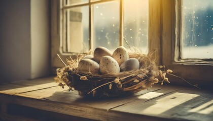 Easter Nest with Speckled Eggs on a Wooden Window