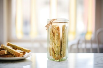 pistachio biscotti in glass jar, sunlight