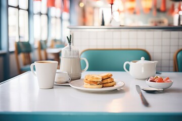 a diner setting with biscuits and gravy served with coffee
