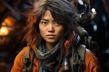 Obraz premium Photo Realistic of an Asian Explorer Woman in Expedition Gear for a Specific Region, Generative AI