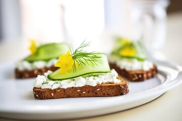 rye bread with cottage cheese and sliced cucumber