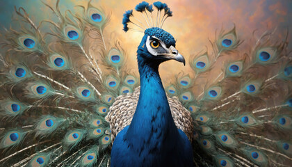 Fototapeta premium Fantasy Illustration of a wild Peafowl. Digital art style wallpaper background with peacock in pastel colors.