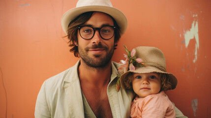 Stylish father wearing a hat and eyeglasses poses with his young child against an orange textured...