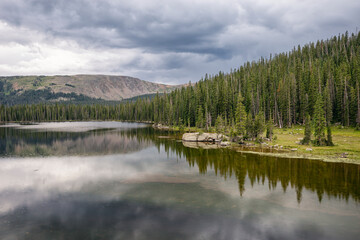 Serene landscape of a lake in a lush forest, Colorado