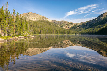 Tranquil mountain lake reflecting blue sky and forest