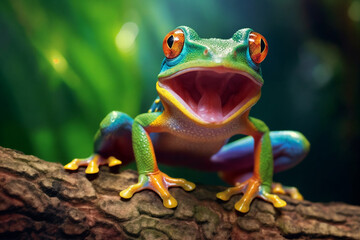 a frog with its mouth open and its tongue out on a branch with green leaves in the background and a blurry background, generative ai
