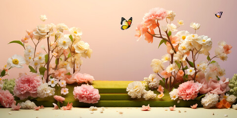 Abstract background with pink flowers and a podium for product on a light spring background