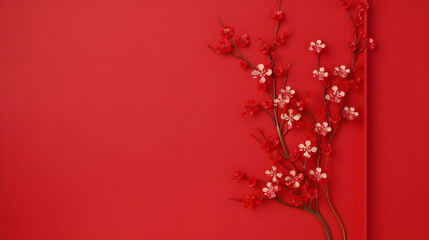 Chinese new year background. Festive red paper, flowers on red orange background.