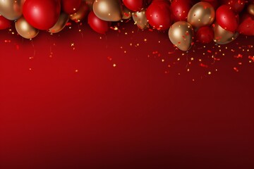 Dramatic party banner background with red and gold balloons and confetti, with empty copy space Generative AI