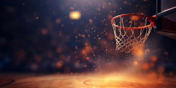 basketball hoop in the night,Basketball Game Regular Season or Playoffs Concept AI,Basketball hitting the net with blur bursting light background