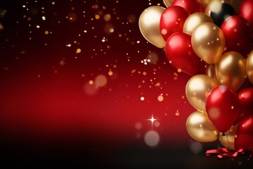Fototapeta na wymiar Dramatic party banner background with red and gold balloons and confetti, with empty copy space Generative AI