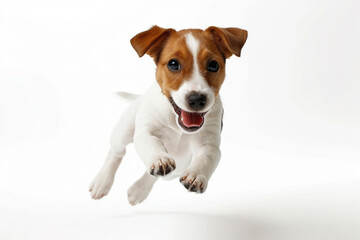 Cute playful Jack Russell Terrier puppy in motion, jumping, running isolated on white studio background. Concept of motion, animal life, banner of veterinary clinic. Copy space