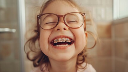 Smiling toddler girl wearing braces and glasses, spending time in the bathroom - obrazy, fototapety, plakaty