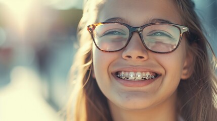 Sunny portrait of happy girl wearing braces and eyeglasses - obrazy, fototapety, plakaty