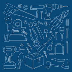 Fototapeta na wymiar Set of Carpenter tools doodle hand drawn vector illustration