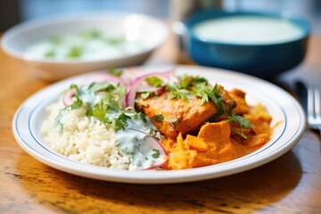 close-up of creamy chicken tikka with rice on a plate