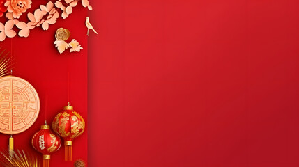 Chinese new year background. Festive red paper, flowers on red orange background.