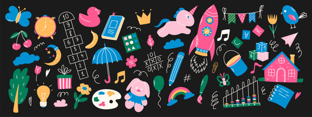 Colorful daycare doodle elements. Unicorn, hopscotch, toys, crown, umbrella, house, tree and other elements. - obrazy, fototapety, plakaty