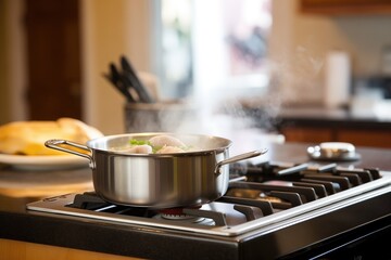 steaming pot of clam chowder on a kitchen stove - obrazy, fototapety, plakaty