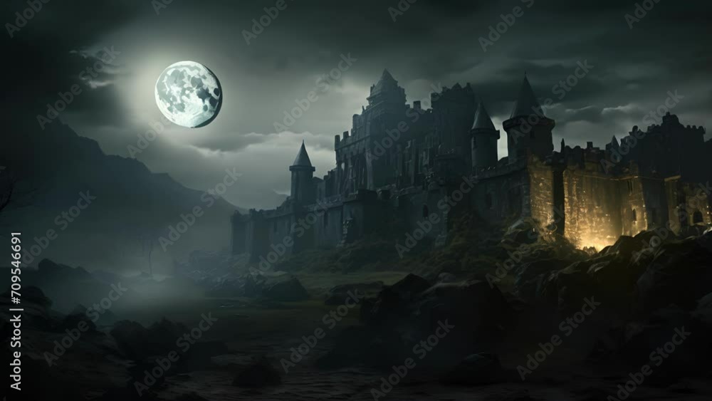 Poster a full moon hovering over an abandoned castle with thick mist rolling outwards from its broken windo