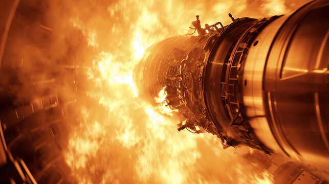 Rocket engines and fire ignition. Missile launch at night, close up.