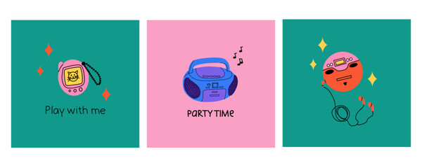 Retro electronics. Computer, flip phone and record player. Tamagochi, headphones and video, camera. Y2k cute stylish attributes. 1990s 2000s style cartoon isolated vector nostalgia illustration