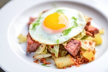 Fototapeta na wymiar corned beef hash with cabbage and fried egg on top