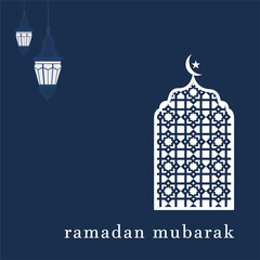Ramadan Islamic holy month greeting card and social media post template design with dark blue color and square orientation. Background design with arabic lantern and Islamic ornament