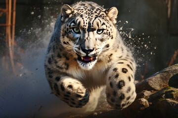 Obraz premium A snow leopard that was about to lunge at its prey. Ai generate.