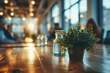 Coworking or loft office background, working people freelancers at a wooden table indoors bokeh. Selective focus, close-up - obrazy, fototapety, plakaty