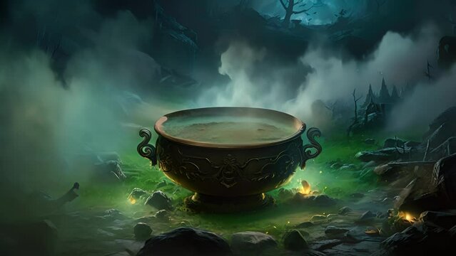 A thick fog engulfs the enchanted cauldron, adding an air of mystery and magic to the witchs craft.
