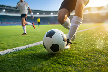 Fußballgeschicklichkeit in Aktion: Ein Fußballspieler dribbelt geschickt den Ball, eine dynamische Szene, die sportliche Bewegung und technisches Können im Fußball zeigt.