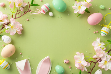 Transport your audience to Easter wonderland with this top view photo showcasing eggs, adorable bunny ears, apple blossoms, sprinkles, pastel green canvas, providing space for your text or advertising