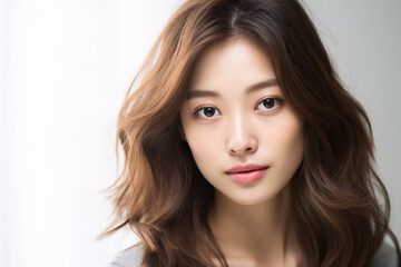 Fototapeta premium Face of pretty young Asian woman without makeup with dark brown hair in front of white background