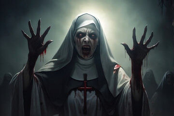 a nun who is possessed by an evil and terrifying spirit. evil and terrible demon - obrazy, fototapety, plakaty