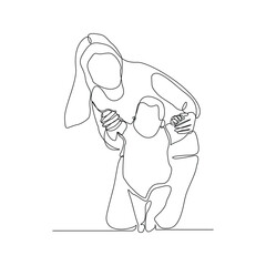 Continuous single line sketch drawing of mother mom teaching child to walk and playing. One line art of love parenting family concept vector illustration