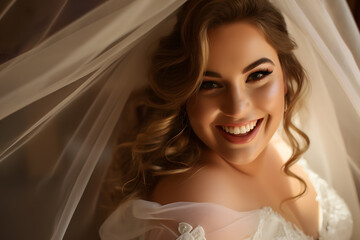 Pretty happy curvy plus size bride with blond hair in wedding dress - obrazy, fototapety, plakaty