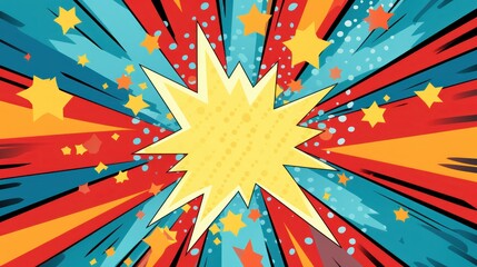 Fototapeta premium Vibrant Comic Book Explosion Illustration, an old fashioned pop art explosion background, in the style of light Red, yellow, blue color. Space for text.