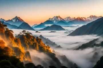 Himalaya Mountains surrounded by a gentle veil of morning mist, showcasing serene valleys and mountain ridges, the rising sun casting a warm glow on the landscape - obrazy, fototapety, plakaty