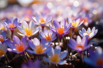 Crocuses in the spring forest. Early spring. Europe. Beauty world.