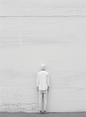 Contemplative man facing a textured wall in minimalistic style, ideal for introspective articles and mental health awareness campaigns