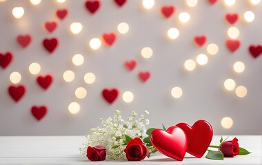 Valentine's Day greeting card with red hearts and white flowers on grey background. Love and relationship concept	
