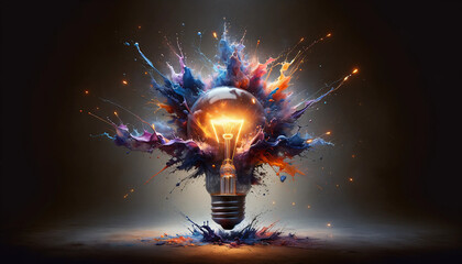 Creative light bulb explodes with colorful paint and splashes on a black background. Think differently creative idea concept. Generative AI - obrazy, fototapety, plakaty