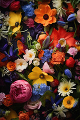 Colorful spring flowers bouquet on black background. Top view.