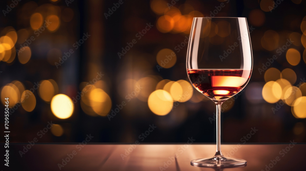 Poster a sophisticated glass of red wine on a table with a beautiful bokeh of golden lights in the backgrou